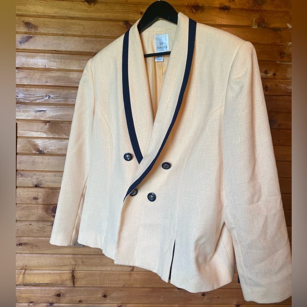 Butter Yellow/ Cream Double-Breasted Blazer with Navy Trim